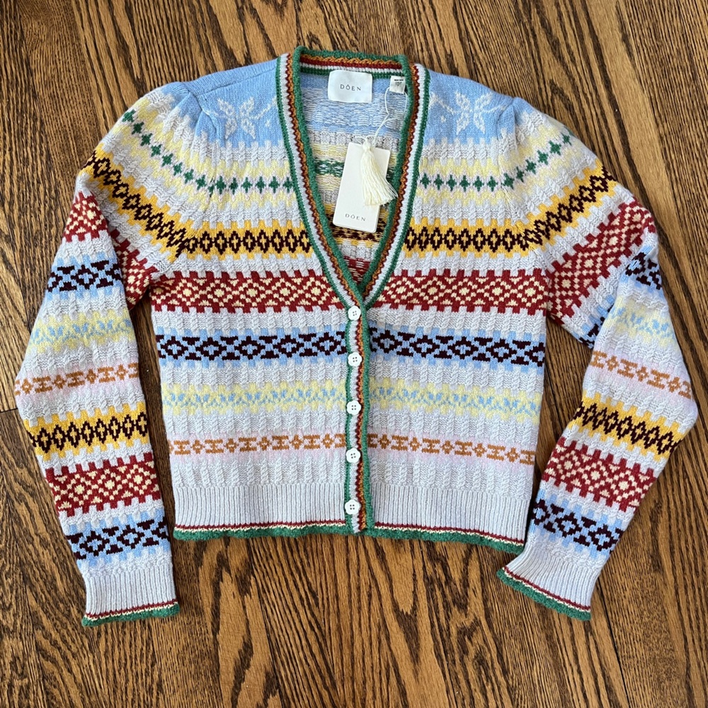 DOEN Alba Cashmere Cardigan in Fair Isle Knit Sz S